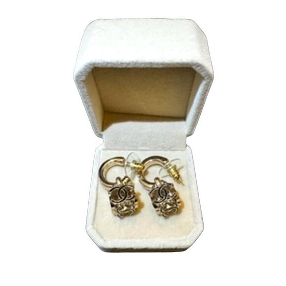 Modern Chanel light gold-tone hoop black enamel cube CC COCO earring*PIERCED - Picture 2 of 4